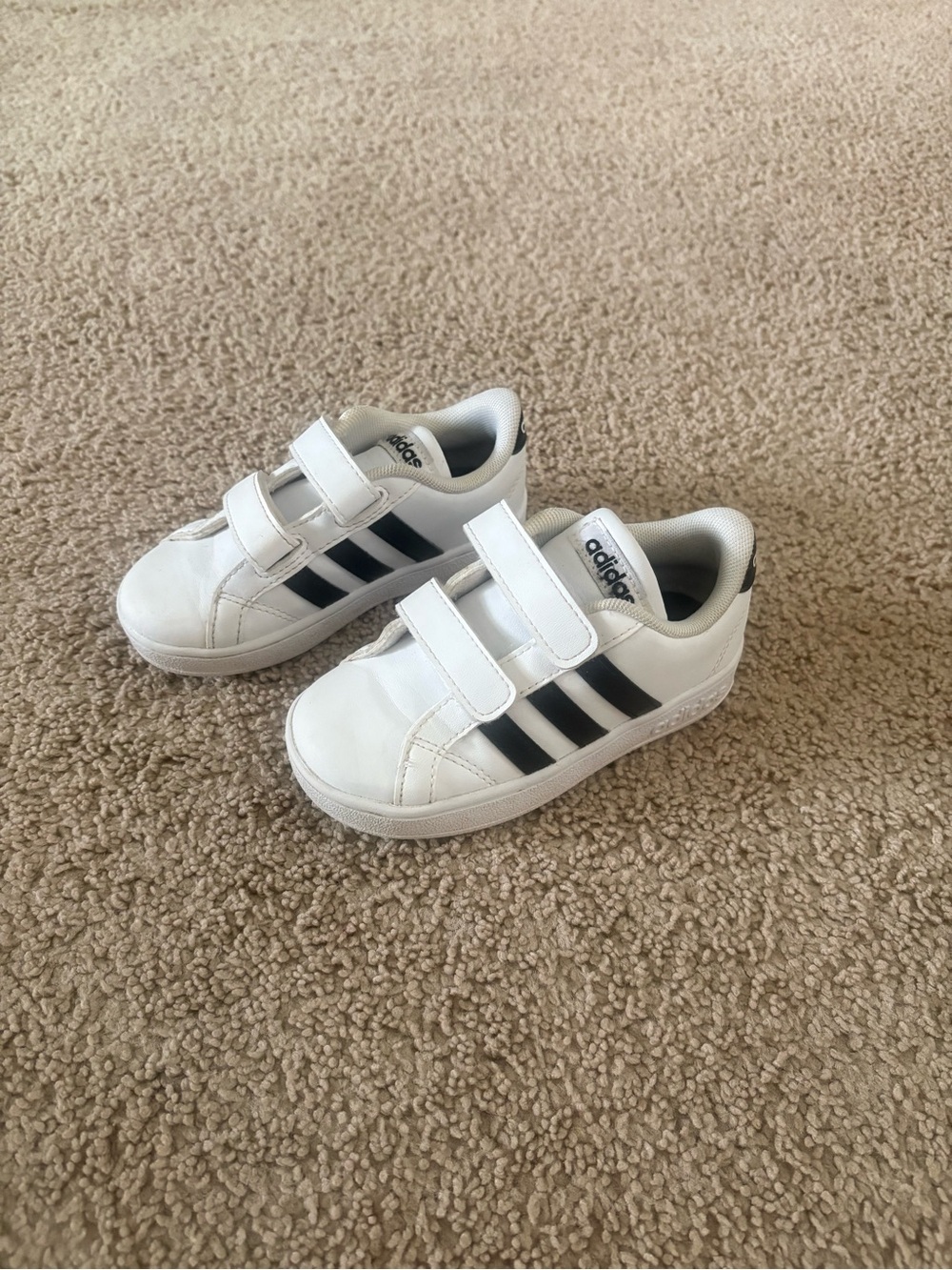 adidas Kids White Sneakers with Black Stripes - Velcro Strap